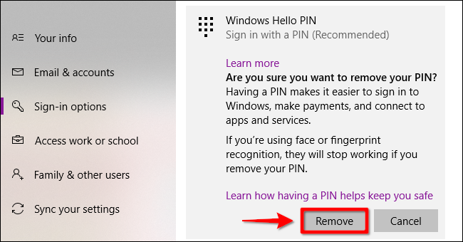 Etapa 2 para remover o PIN do Windows Hello