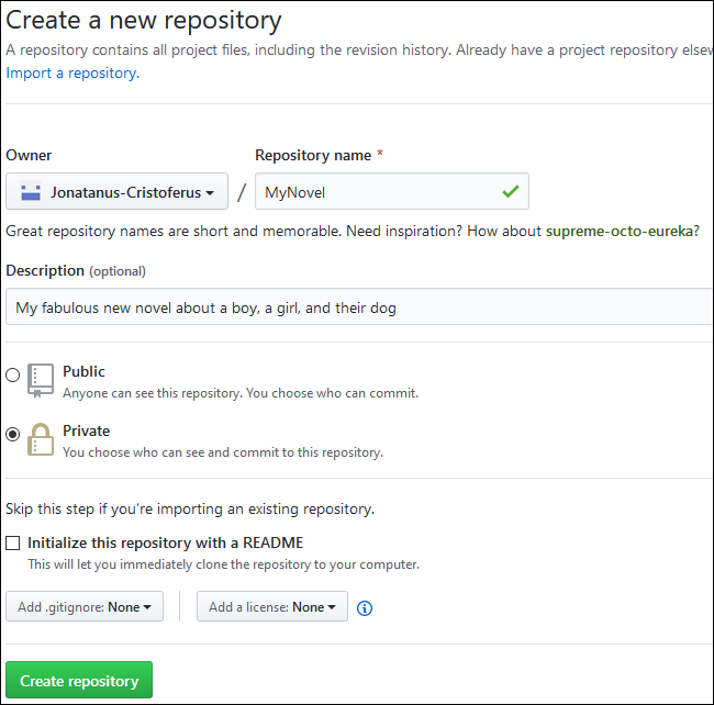 O formulário de texto para criar um novo repositório GitHub.