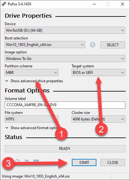 Caixa de diálogo Rufus com MBR, Bios ou UEFI e botão iniciar chamado