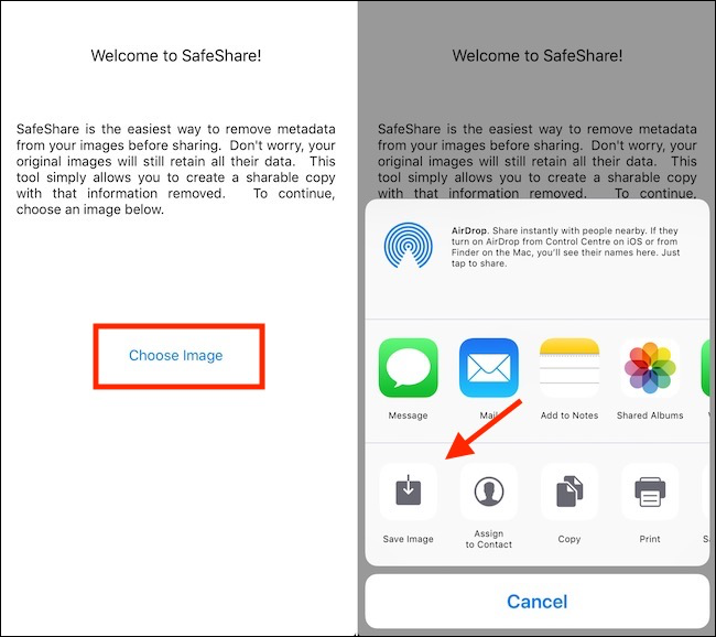 O aplicativo SafeShare remove metadados e salva a imagem