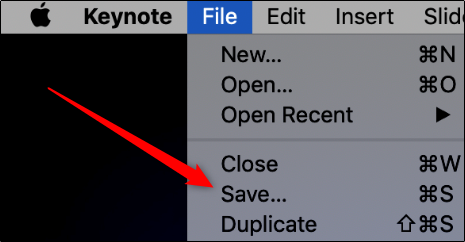 Clique em "Arquivo" e em "Salvar" no Keynote.
