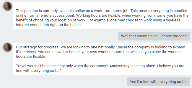 Conversa do Hangouts do Google mostrando uma oferta de trabalho em casa.