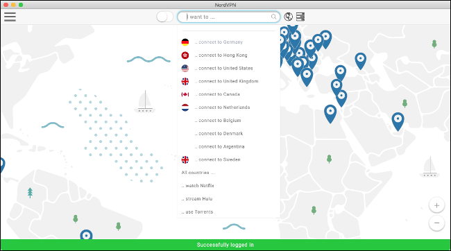 O menu suspenso para se conectar a uma rede privada virtual no NordVPN.