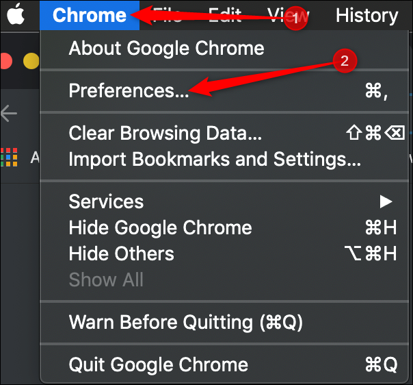 Clique em Chrome> Preferências na barra de menu.