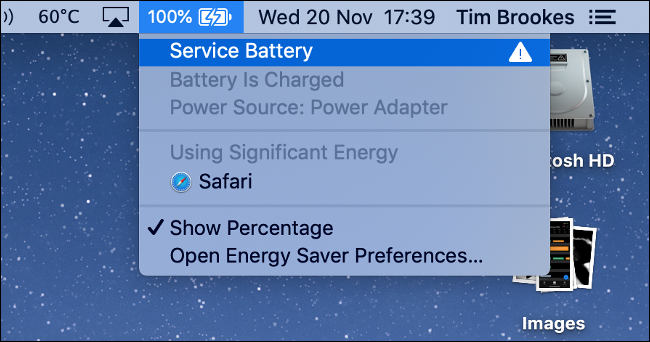 Aviso de manutenção da bateria no MacBook Pro