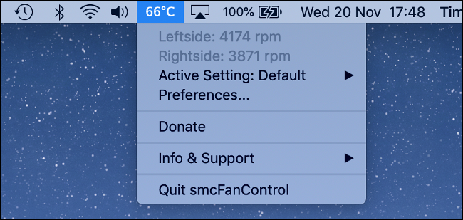 O aplicativo smcFanControl mostrando uma temperatura de 66 graus Celsius em um Mac. 