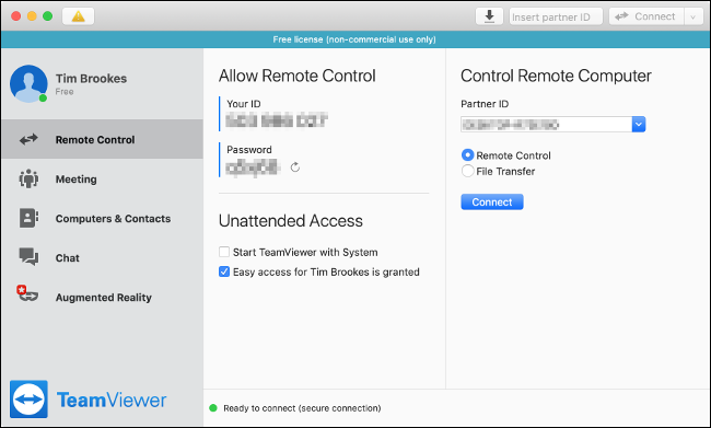 O menu "Controle remoto" do TeamViewer em um Mac. 