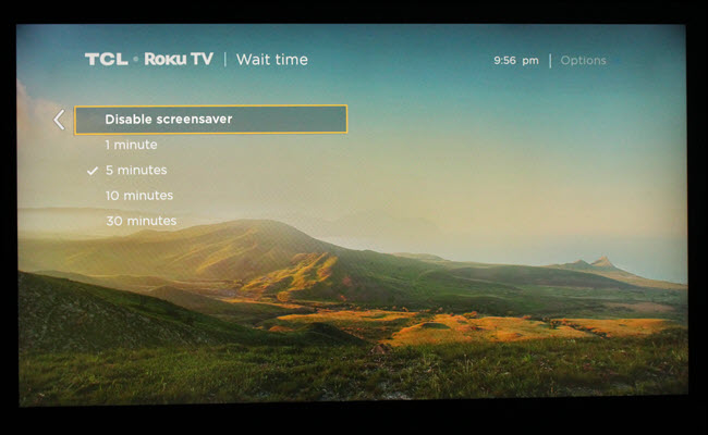 Caixa de diálogo de configurações de tempo do protetor de tela Roku, com 5 minutos selecionados.