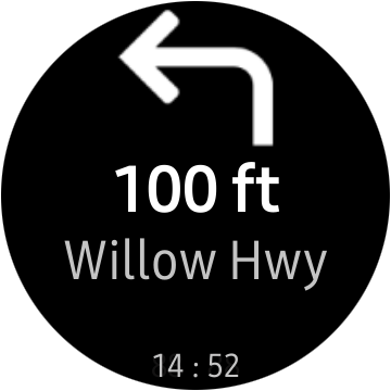Uma direção "Awesome Navigator" em uma tela do smartwatch Samsung para virar à esquerda na "Willow Hwy" em "100 pés". 