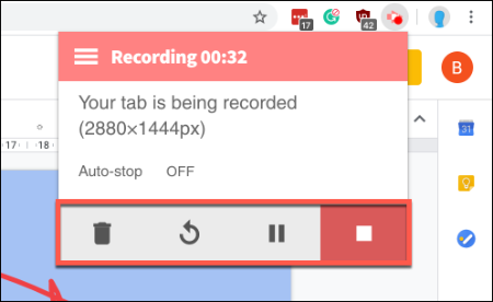 Para pausar, parar ou excluir a gravação do Screencastify enquanto ela grava, pressione o ícone do Screencastify