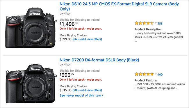 Lista da Amazon mostrando corpos de câmeras Nikon