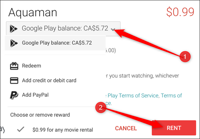 Por padrão, o saldo do Google Pay é usado primeiro. Se você quiser alterar isso, clique no menu suspenso, selecione uma forma de pagamento e clique em Alugar