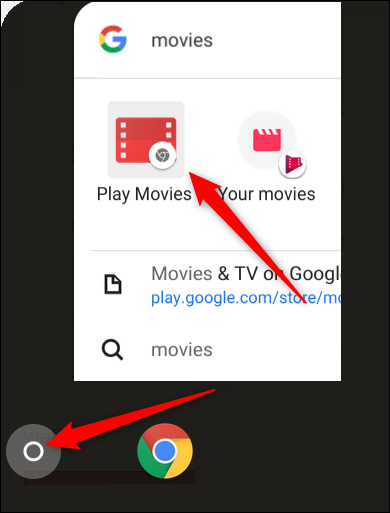 Clique no iniciador, comece a digitar Filmes e, em seguida, clique no aplicativo Play Movies do Chrome, aquele com o ícone cinza do Chrome no canto inferior direito