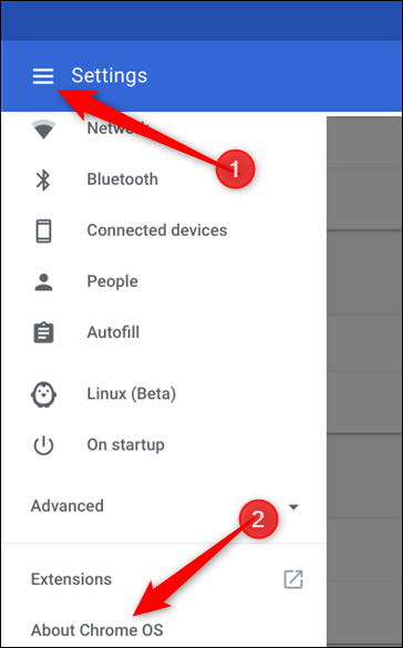 Clique no menu Hambúrguer e em Sobre o Chrome OS