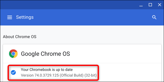 Depois que seu Chromebook for reiniciado, você verá que Seu Chromebook está atualizado quando verificar se há atualizações