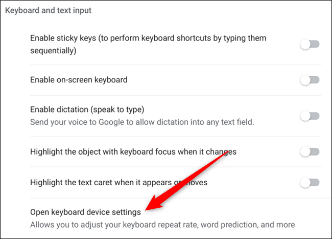 Abra as configurações adicionais do teclado ao clicar em Abrir configurações do dispositivo de teclado