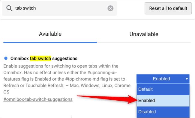 No menu suspenso de Sugestões de alternância de guias da omnibox, escolha Ativado