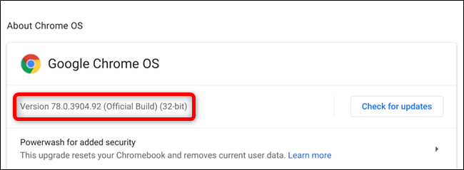 Logo abaixo do logotipo do Google Chrome OS, está a versão atual do seu Chromebook.