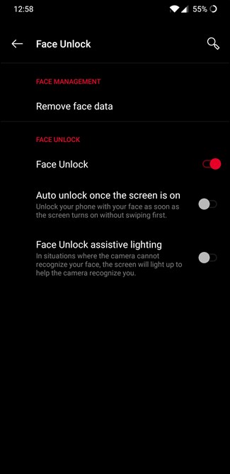 Opções de desbloqueio facial OnePlus 6T