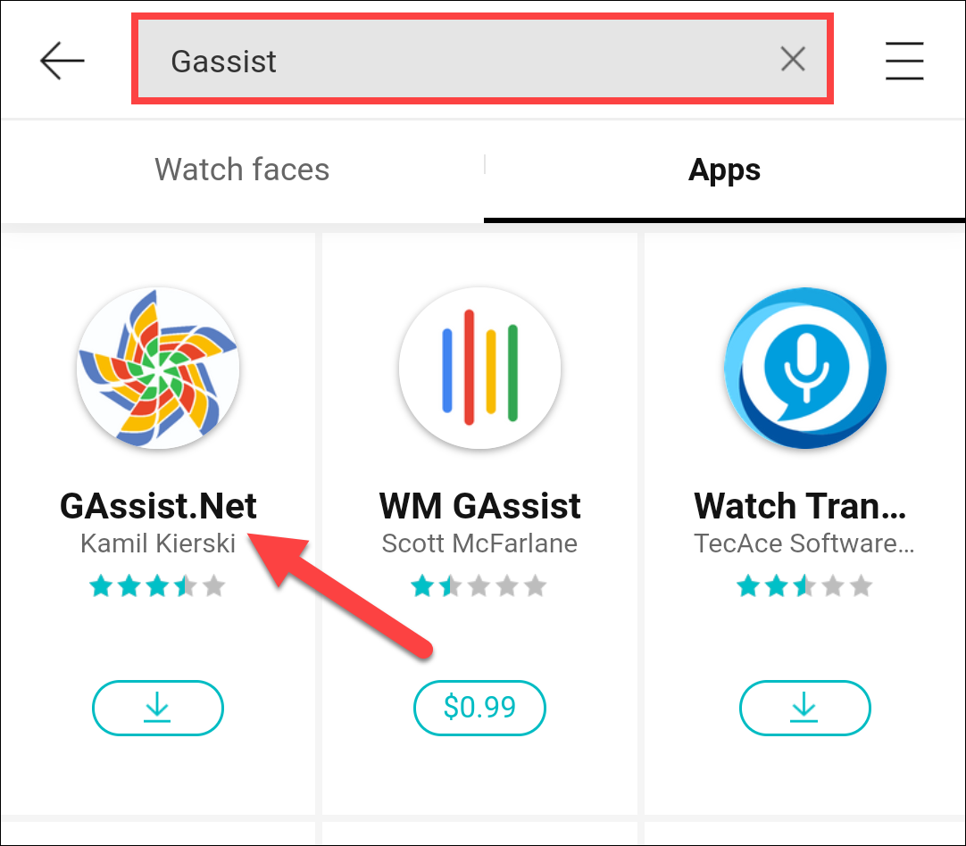 Digite "GAssist" na caixa Pesquisar na Galaxy Store.