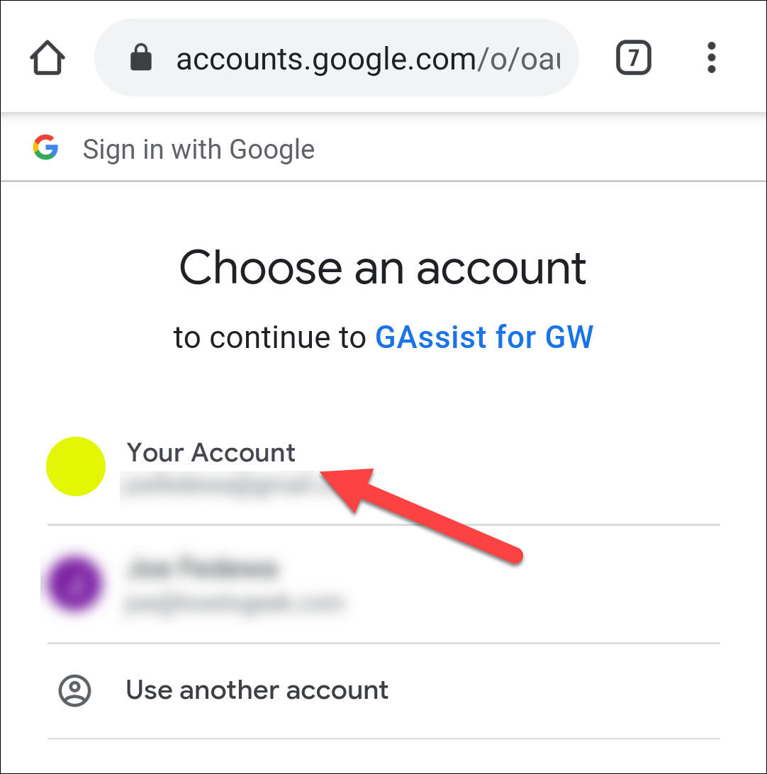 Selecione sua conta do Google.