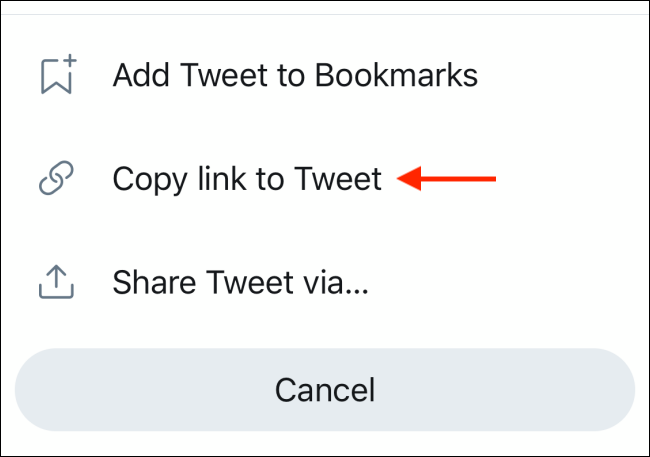 Selecione a opção Copiar link para tweet no menu de compartilhamento do Twitter