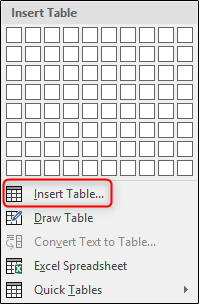 Selecione a opção Inserir Tabela