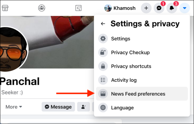 Selecione Preferências de feed de notícias no site do Facebook