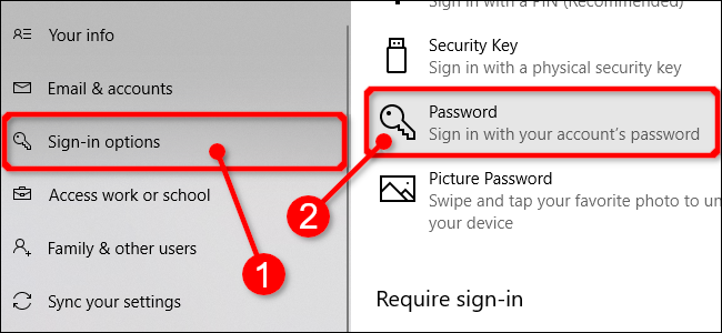 Selecione senhas nas configurações do Windows 10