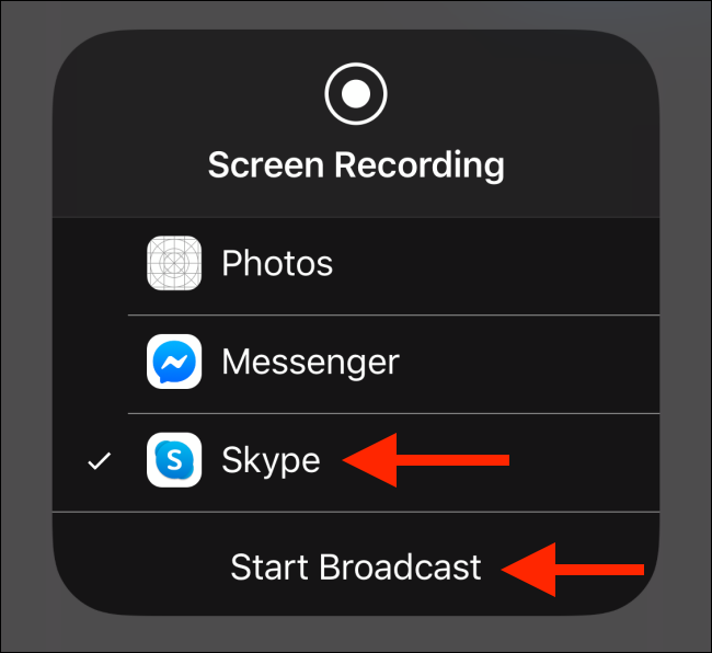 Selecione Skype e toque no botão Iniciar transmissão