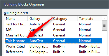 A entrada de AutoTexto selecionada é realçada na janela "Organizador de blocos de construção".