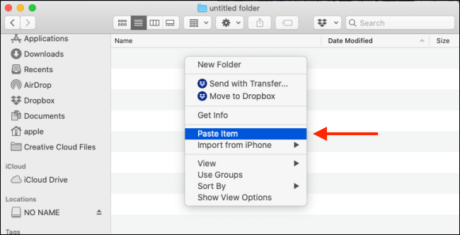 Selecione a opção Colar item no Finder para colar o arquivo no Mac