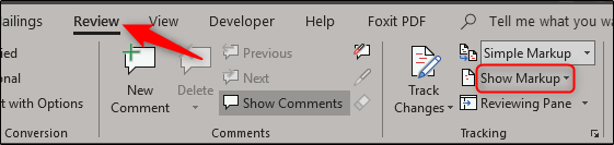 Selecione a guia Revisão e clique em Mostrar marcação