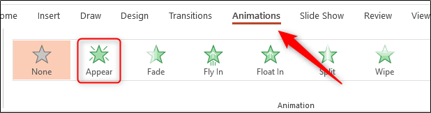 Selecione a animação exibida na guia de animações do PowerPoint