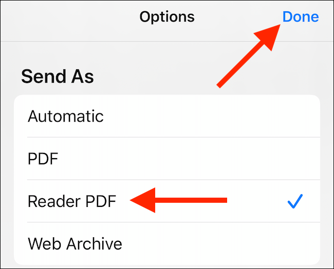 Selecione a opção de PDF desejada e toque em "Concluído".