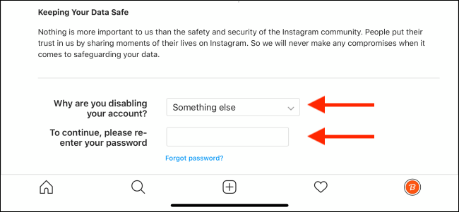 Selecione o motivo e digite sua senha do Instagram