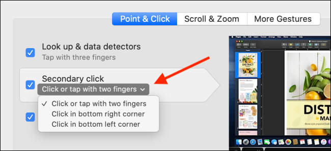 Selecione as opções do trackpad para clicar com o botão direito.  cardápio