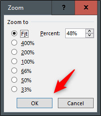 Selecione a porcentagem de zoom na caixa de diálogo