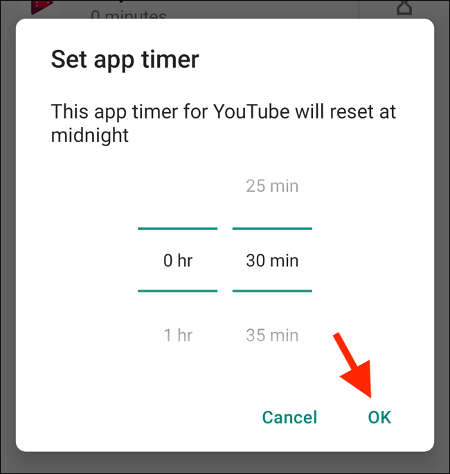 Toque em "OK" no pop-up "Set App Timer".