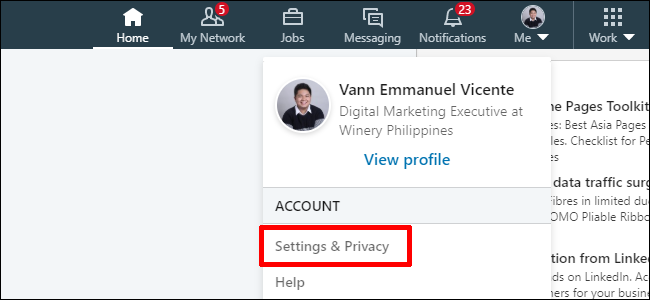 Configurações de privacidade do Linkedin