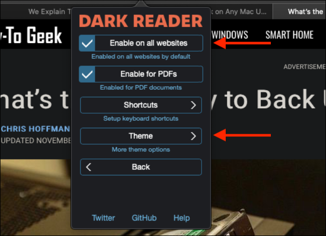 Configurações para Dark Reader no Safari