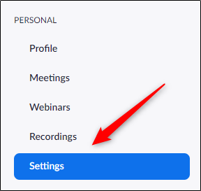 Guia Configurações no painel esquerdo do Portal Zoom