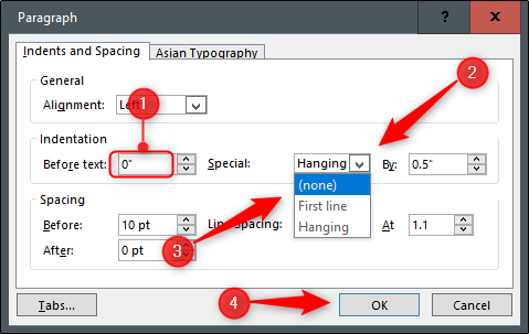 Configurações para remover recuo deslocado