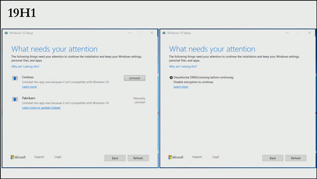 Caixa de diálogo de instalação do Windows 10 com botões de desinstalação, links para artigos de erro
