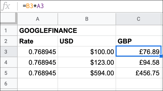 Várias conversões de moedas de USD para GBP no Planilhas Google usando a função GOOGLEFINANCE