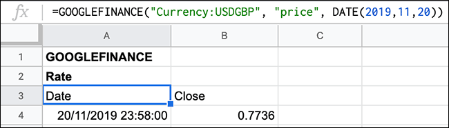 Uma taxa de câmbio histórica para um dia exibida no Planilhas Google usando a função GOOGLEFINANCE