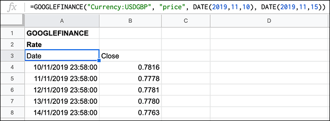 Uma lista de taxas de câmbio históricas mostradas no Planilhas Google usando a função GOOGLEFINANCE