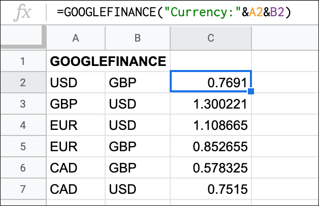 A função GOOGLEFINANCE no Planilhas Google, mostrando várias taxas de câmbio