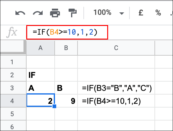 Uma instrução IF sendo usada no Planilhas Google, retornando um resultado FALSO