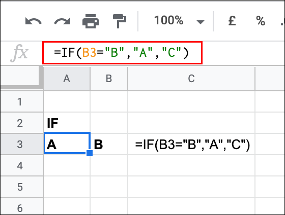 Uma instrução IF simples usada no Planilhas Google para testar o valor de uma célula, retornando um resultado VERDADEIRO